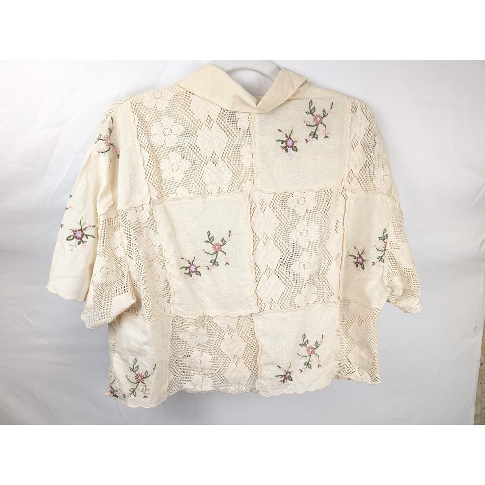 Zara Patchwork Crochet Floral Embroidered Button Shirt Sz XS Cottagecore Granola - Picture 8 of 9